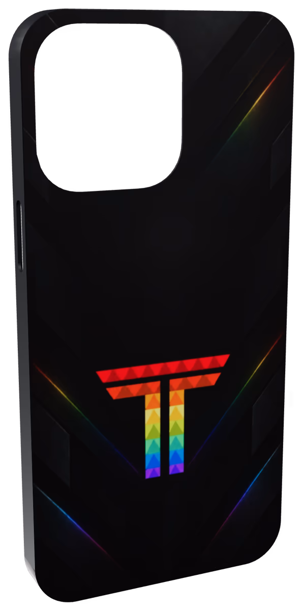 YPhone case with the default TeamsGG rainbow artwork and a black frame, rendered in the case creator