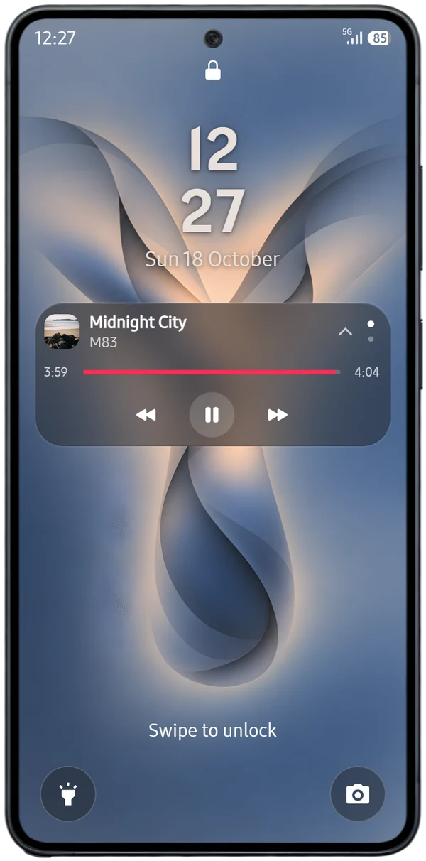 Humanoid Y26 lock screen with an expanded Midnight City bar under the clock, showing a progress bar and playback controls.