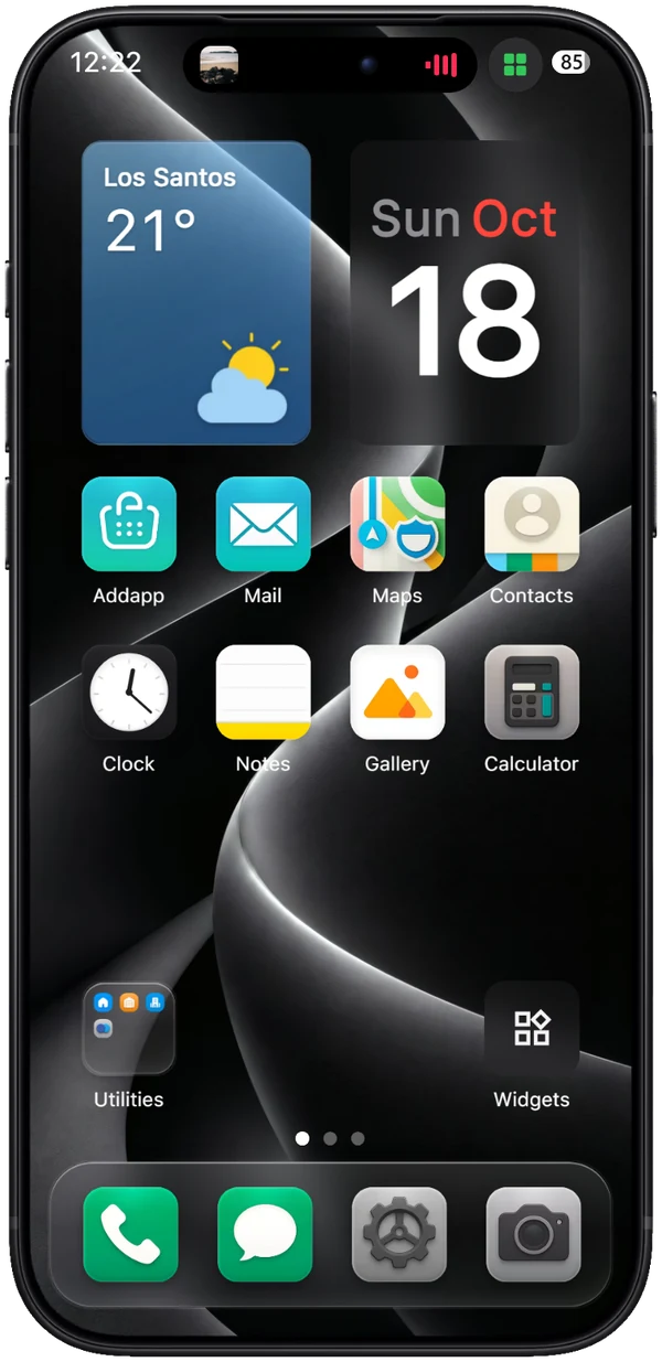 YOS phone home screen. The Dynamic Island shows album artwork and red level bars, with a small round bubble holding a green app-grid glyph next to it.