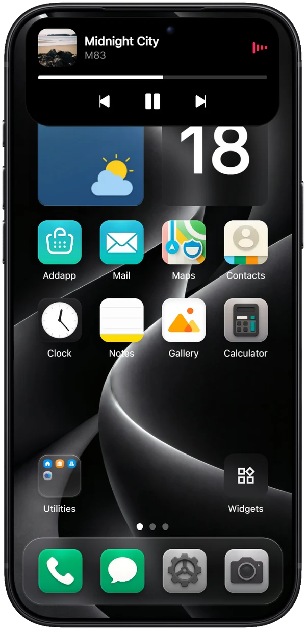 YOS phone with the Dynamic Island expanded, showing Midnight City by M83 with a red progress bar and previous, pause and next buttons.