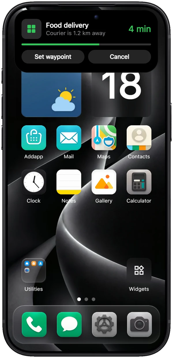 YOS phone with the Dynamic Island expanded, showing Food delivery, 4 min, a green progress bar, and Set waypoint and Cancel buttons.